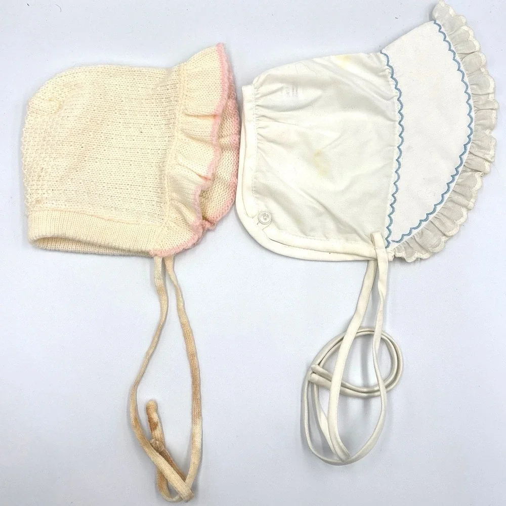 Vintage Baby Bonnet Set 6-9M Ivory Pink Blue Coquette Floral Knit Ruffle 2pc